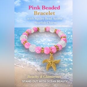 Pink & White Starfish Charm Beaded Bracelet - Gold Accent